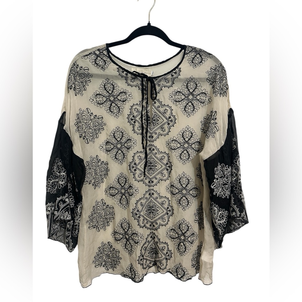 Johnny Was 4 Love And Liberty Size L 100% Silk Blouse Embroidered Sheer